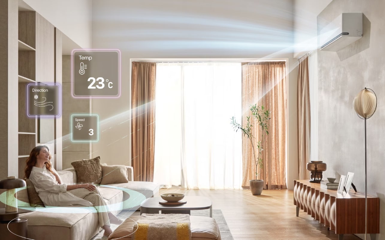 Gráfico de dispersión del ruido e ilustración de la instalación para la bomba de calor LG R290 Monobloc de 16 kW, que muestra 35 dB(A) a 3 metros durante la noche, con certificación Quiet Mark.	
